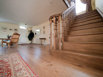 Reclaimed wood flooring effect. Tumbled, coloured and oiled for an antique oak flooring look.