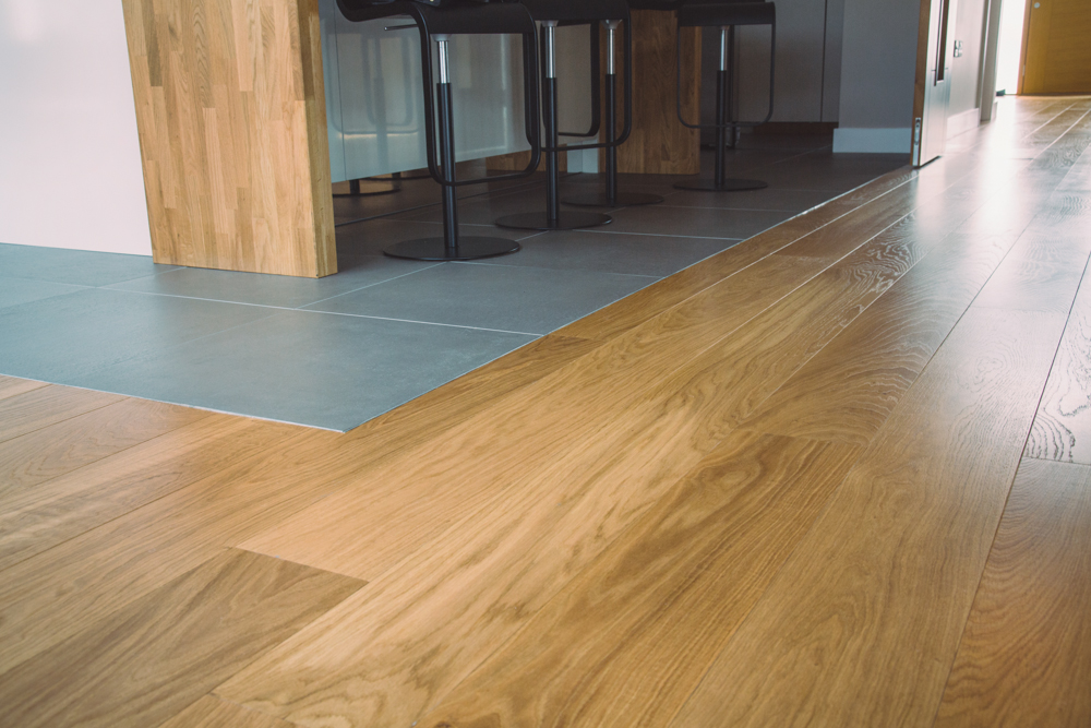 Classic French engineered prime Oak flooring with hard wax oil in kitchen